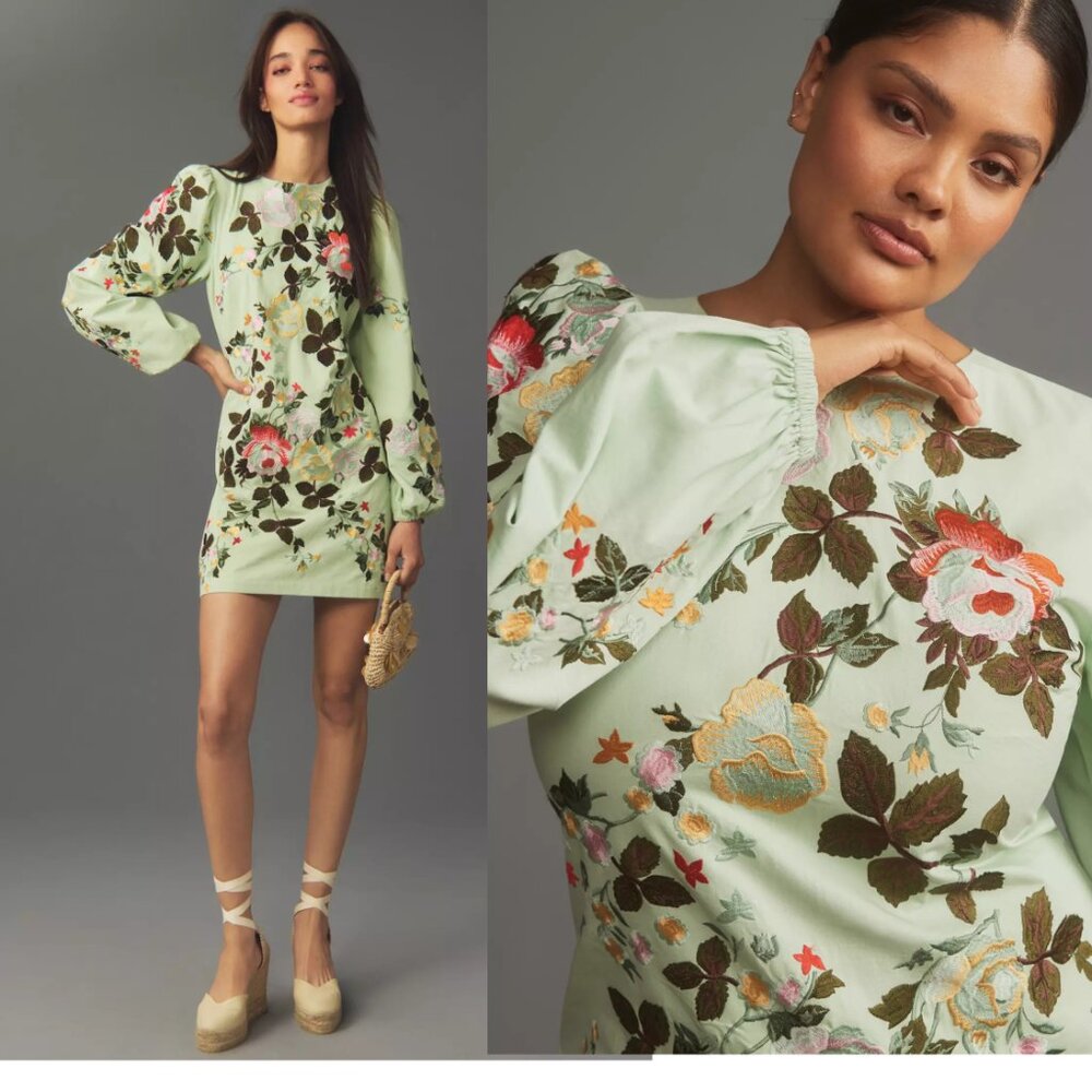 Anthropologie Let Me Be Long-Sleeve Embroidered Mini Dress XSP PXS new petite - Picture 3 of 9